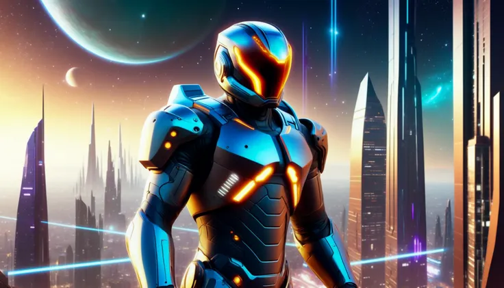 a close up of a person in a futuristic suit standing in front of a city