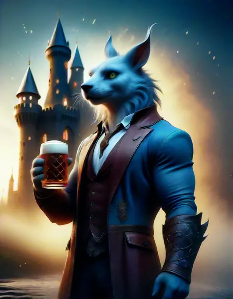 a close up of a person holding a beer in front of a castle