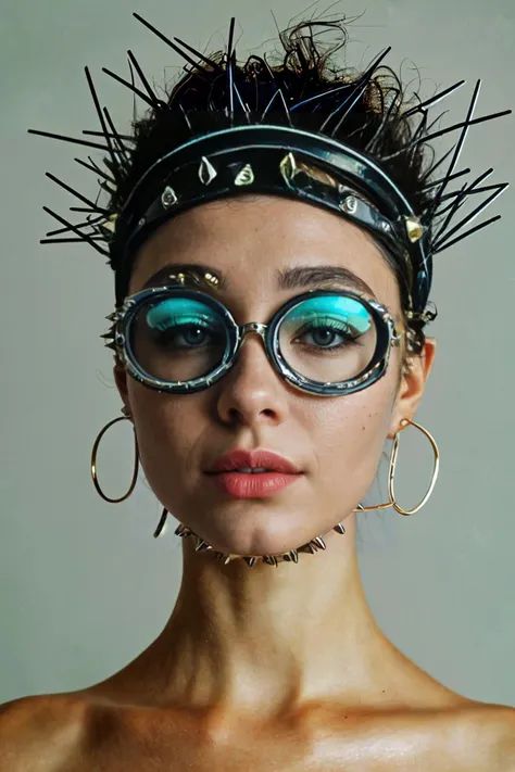 a close up of a woman wearing a spiked headband and glasses