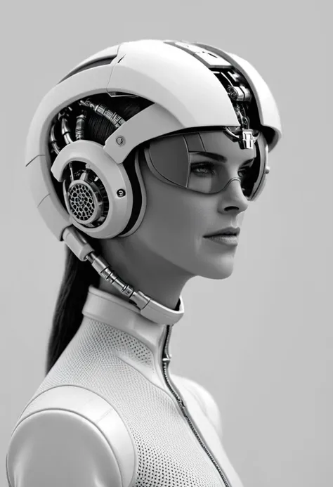 cinematic film still a woman with a helmet on her head , solo, simple background, monochrome, upper body, greyscale, grey background, no humans, robot, mecha, zipper, machinery, science fiction, shallow depth of field, vignette, highly detailed, high budge...