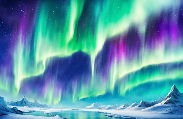 a painting of the aurora bore over a snowy landscape