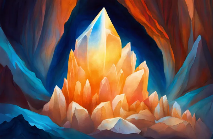 a close up of a painting of a cave with a light shining through it