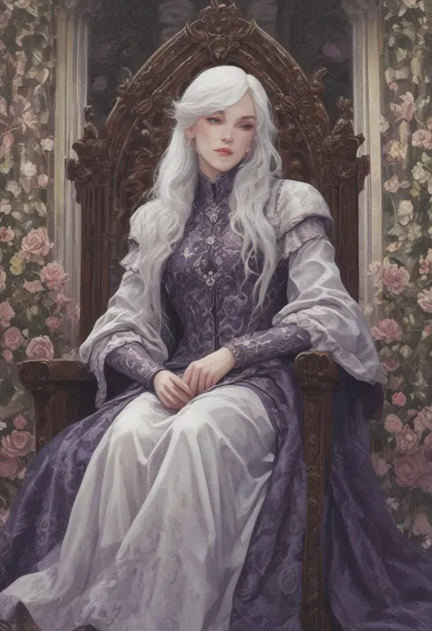 castlevania lightning, sindel, edenia, wooden throne, castle, indoors, victorian, ayami kojima, white hair, silver hair, multico...