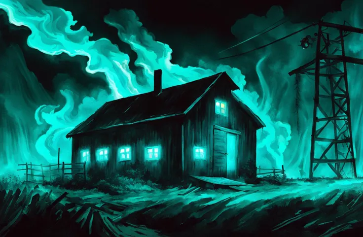 a painting of a house with a green glow on it