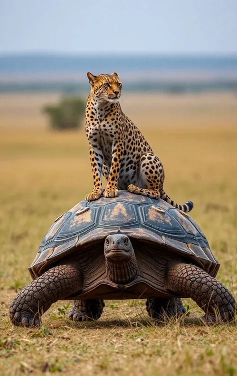 high resolution photography of a dangerous cheeta predator sitting on a large turtle walking slowly. the cheeta is on the turtle...