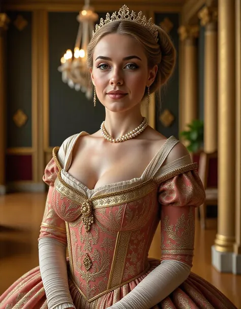 a renaissance-era noblewoman wearing a ornate gown and a pearl necklace, standing in front of a lavish ballroom in a palace. hyp...