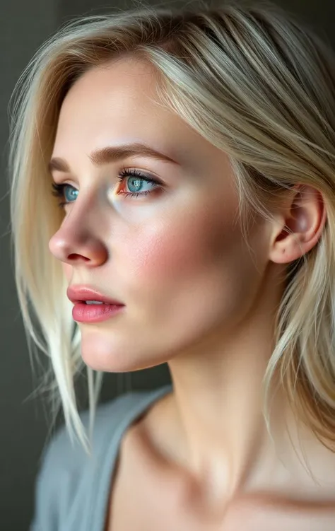 A high-resolution photographic portrait of a young Caucasian woman, with porose skin and slight blush on the cheeks, light blue eyes and ash blonde hair, small snub nose. Profile view. Natural lighting, soft shadows, realistic style