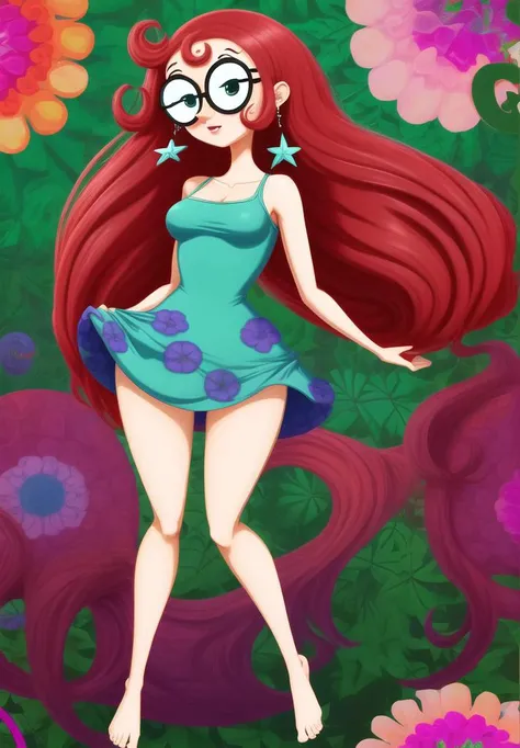 masterpiece, highest quality, ((cartoon)), Oceanbird(DL) <lora:Oceanbird(DL):0.8>, glasses, red long hair, slim, tall, upskirt, hippy clothes, star earrings, barefoot, weed leaves background, flowers and nature, ((psychodelic background)), full body, chara...