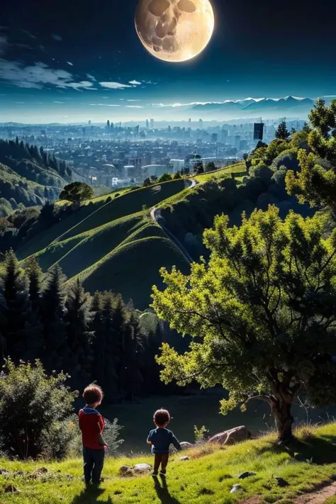 two children are walking on a hill under a full moon