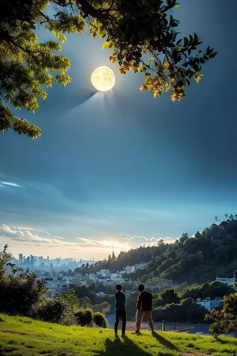 two people standing on a hill looking at the moon