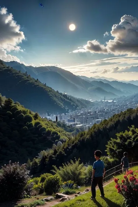 people are standing on a hill overlooking a city and mountains