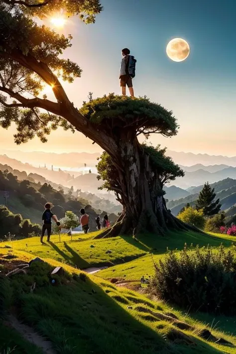 a man standing on top of a tree with a full moon in the background