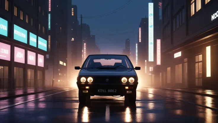 arafed image of a car driving down a city street at night