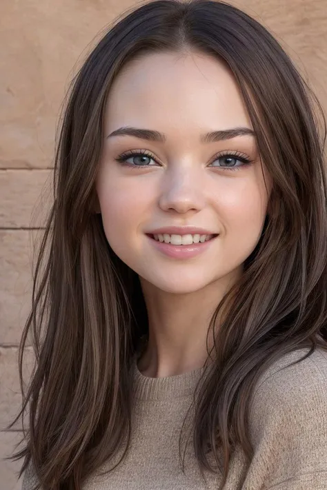 a close up of a young woman with long hair and a sweater