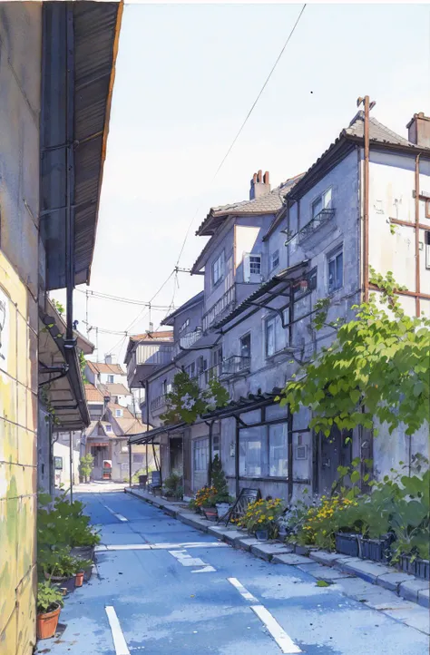 no humans, road, outdoors, traditional media, scenery, power lines, street, building, tree, house, utility pole, painting (medium), sign, watercolor (medium), ground vehicle, day, motor vehicleï¼sky, best quality  <lora:watercolor imagerya:0.7>