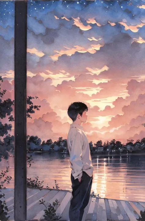 sky, cloud, 1boy, black hair, outdoors, solo, white shirt, shirt, traditional media, standing,  scenery, water, short hair, painting (medium), sunset, ocean,ï¼sky, best quality  <lora:watercolor imagerya:0.78>