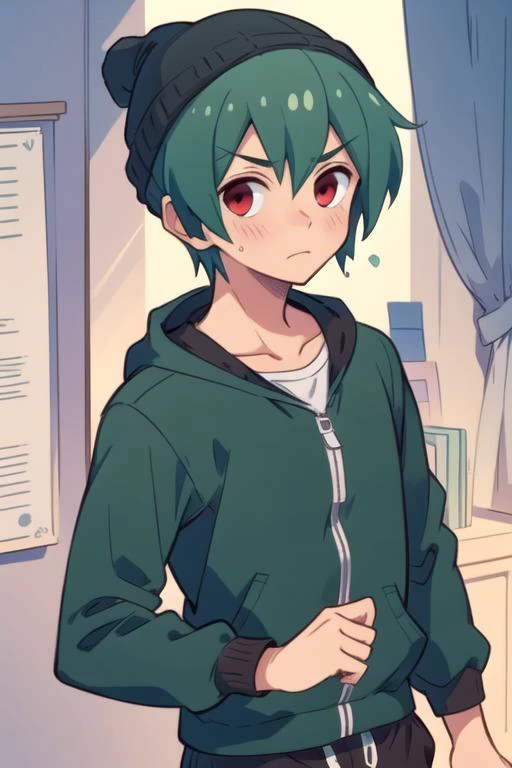 masterpiece, best quality, illustration, 1boy, solo, male focus, looking at viewer, upper body, , , , <lora:jun_furuya:0.68>, jun_furuya, green hair, red eyes, joggers, beanie, social science fiction,