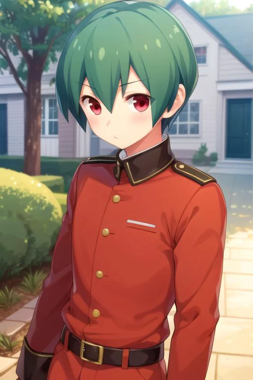 masterpiece, best quality, photorealistic, 1boy, solo, male focus, looking at viewer, , depth of field, anime coloring, realistic, <lora:jun_furuya:0.66>, jun_furuya, green hair, red eyes, leprechaun costume, world war 2,