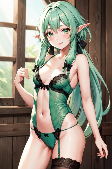 masterpiece, best quality, highres, 1girl, elf, pointy ears, green hair, long hair, sidelocks, hair bow, green eyes, small breasts, lingerie, collarbone, <lora:high_elf_archer_v1:0.6>, cowboy shot, smile,