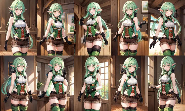 masterpiece, best quality, highres, 1girl, elf, pointy ears, green hair, long hair, sidelocks, hair bow, green eyes, small breasts, sleeveless, black gloves, brown shorts, green thighhighs, short shorts, belt, <lora:high_elf_archer_v1:0.6>, cowboy shot, st...