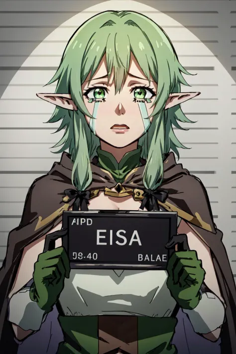 (masterpiece, best quality),  intricate details,
 1girl, solo,<lora:high_elf_archer_final:0.6> 1girl, elf, pointy ears, green hair, long hair, sidelocks, hair bow, green eyes, small breasts, cloak, black gloves,
 barbie mugshot, holding sign, <lora:barbie_...