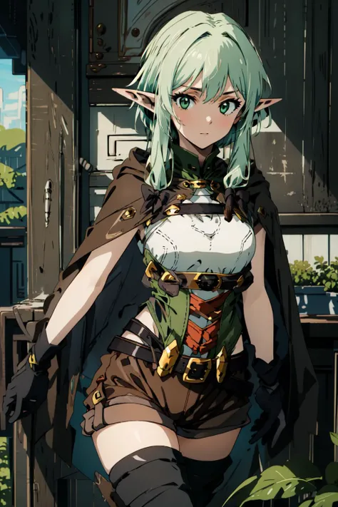 (masterpiece, best quality),  intricate details,
 <lora:high_elf_archer_final:0.8> 1girl, elf, pointy ears, green hair, long hair, sidelocks, hair bow, green eyes, small breasts, cloak, black gloves, brown shorts, green thighhighs, short shorts, belt,