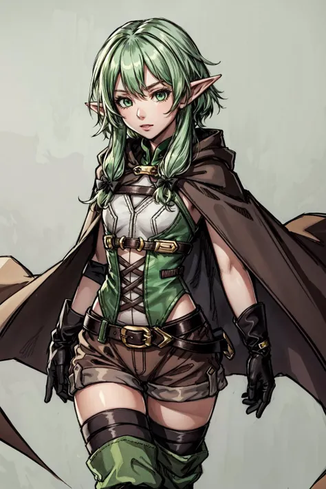 (masterpiece, best quality),  intricate details,
 <lora:high_elf_archer_final:0.6> 1girl, elf, pointy ears, green hair, long hair, sidelocks, hair bow, green eyes, small breasts, cloak, black gloves, brown shorts, green thighhighs, short shorts, belt,