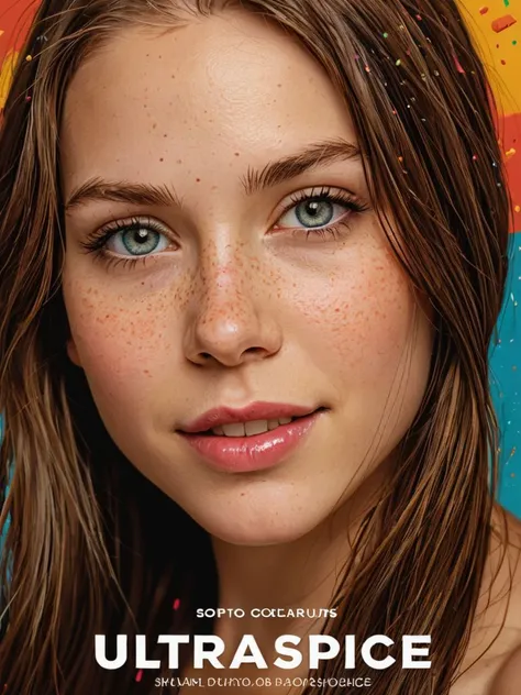 a woman with freckles on her face and a rainbow background