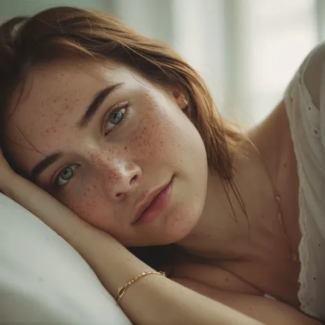 a close up of a woman laying on a bed with her hand on her head