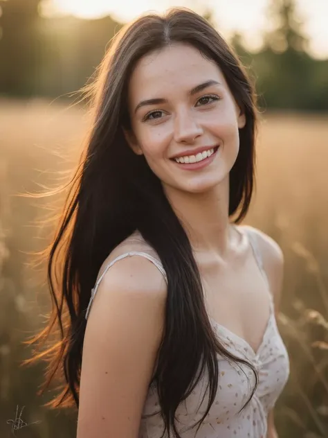 a woman standing in a field with long hair smiling