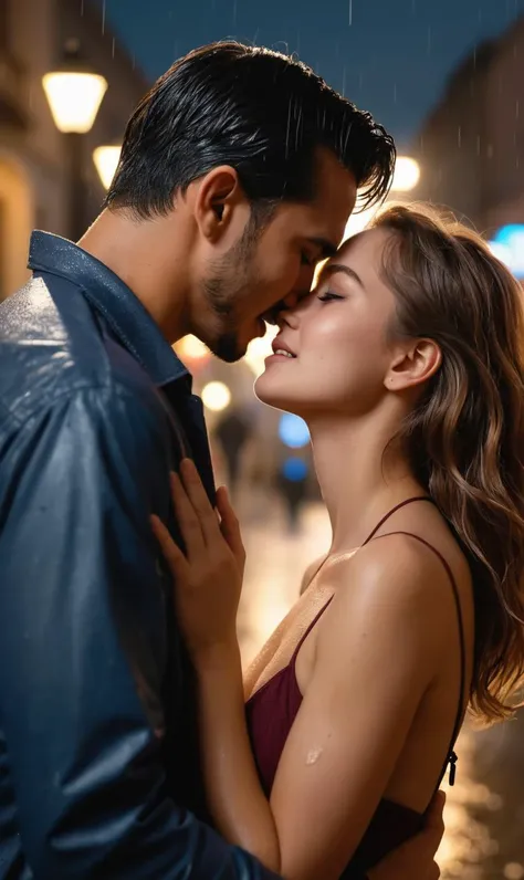 a man and woman kissing in the rain in a city