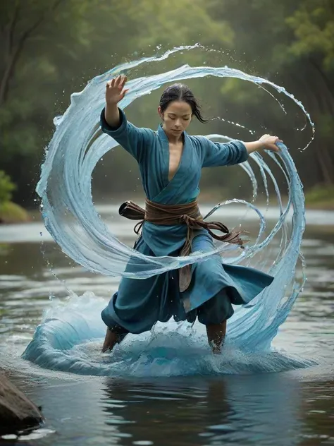 a woman in a blue dress is dancing in the water