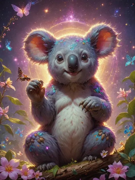 a koala bear sitting on a tree branch with butterflies around it