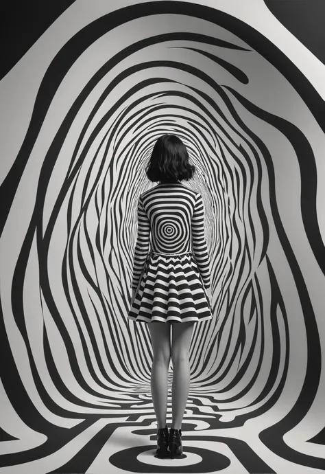 arafed woman in a dress standing in a room with a spiral pattern