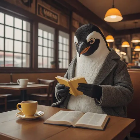 Cinematic photo of an anthropomorphic penguin sitting in a cafe reading a book and having a coffee.