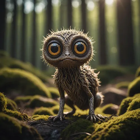 a close up of a small bird with big eyes on a moss covered ground