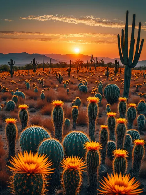 Breathtaking photography. An alien planet with exotic vegetation. Pre-dawn with a hint of light on the horizon. A blooming cactus garden in foreground.  Far-reaching fields of golden wheat  in background. Award-winning, professional, highly detailed.  <lor...