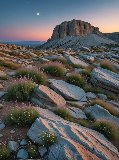 araffes in the desert with rocks and flowers at sunset