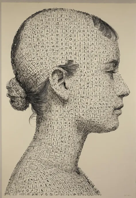 drawing of a womans head made entirely of words and letters, the words and letters form the womans head,Mel Bochner,Agnes Martin<lora:add-detail-xl:1> <lora:DD-sli-v1:0.8>