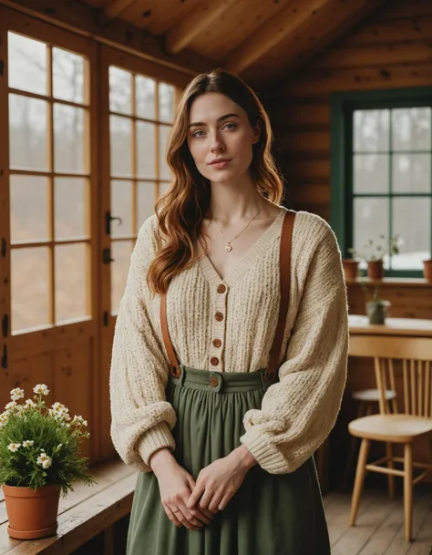 realistic photography of a woman in a cozy and wholesome cottagecore-inspired outfit, celebrating simplicity and nature