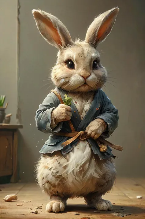 a close up of a rabbit in a suit holding a plant