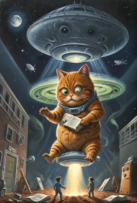 book cover title "how to defend yourself against alien abduction", fat cat is to obesse and got stuck in the abdustion beam of a...