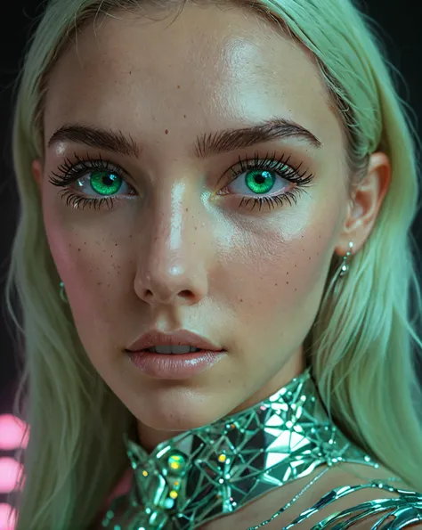 "The Emerald-Eyed Oracle", neon pastel reflective eyes, highres photo, glamourous