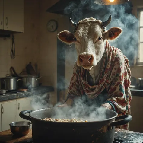 long exposure photo of an old humanoid female cow with a shawl on its head standing in the kitchen stirring steaming food in a pot, midjourneyv6.1 . Blurred motion, streaks of light, surreal, dreamy, ghosting effect, highly detailed