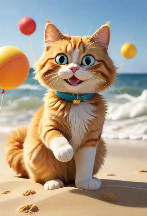 there is a cat that is sitting on the beach with balloons