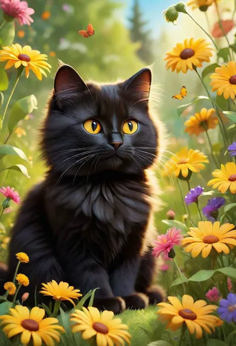 Compose a serene and captivating tale centered around the endearing fluffy cartoon black cat as he ventures through a radiant summer wonderland. Envision a landscape where vibrant flowers sway gracefully in the warm breeze, the sun casts a golden hue on ev...