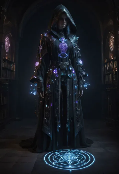 woman, hermeticwizard, mad-hrmtcwzrd, intricately ornate hooded runes, talismans, cyberpunk, (magic circle, dark library:1.4)Full Body Shot of a <lora:Neon_Cyberpunk_SD1.5_Techno_Mages:0.8> glowing purple eyes, masterpiece, best quality, ultra high res, (p...