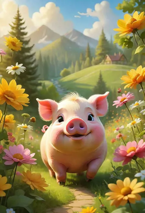 a pig standing in a field of flowers with mountains in the background