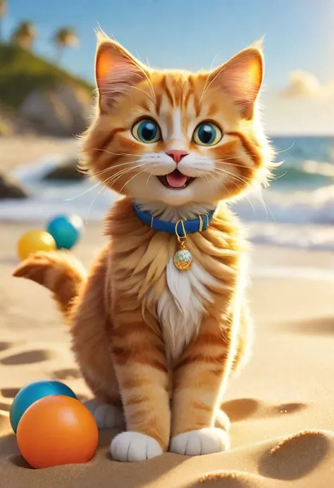 Craft a delightful and vibrant narrative centered on the lovable fluffy cartoon cat as he embarks on a playful adventure at the sun-drenched beach during summer. Envision a backdrop where the azure waves gently caress the golden shoreline, and the radiant ...