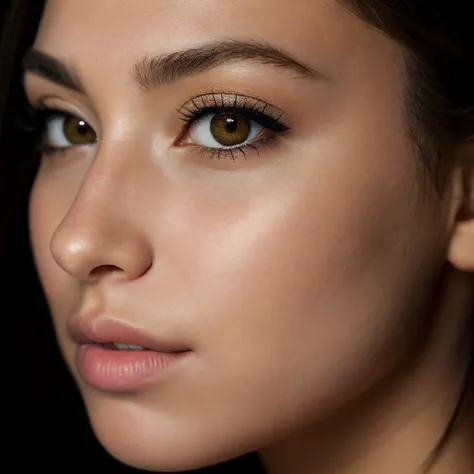 a close up of a woman with a black background and a black background